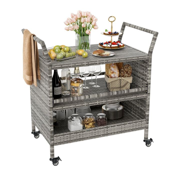 Outdoor Bar Cart 3-Tier Patio Rattan Storage Shelf Wicker Serving Table