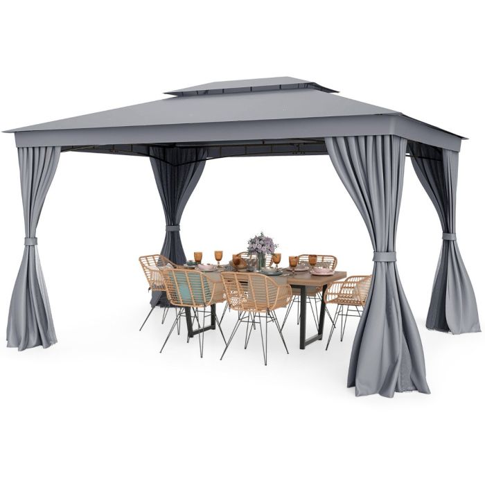 Outdoor Double-Roof Patio Gazebo Canopy Tent with Mesh Netting-Grey