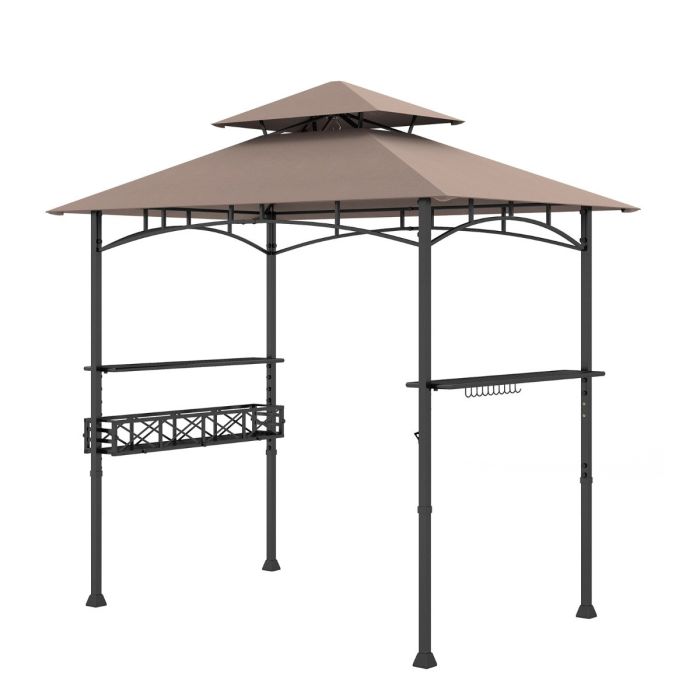 Outdoor Grill Gazebo Double Tiered BBQ Canopy Tent with 2 Side Shelves-Brown