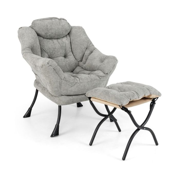 LYIN Oversized Sherpa Lounge Accent Chair with Folding Footrest and Side Pocket-Grey