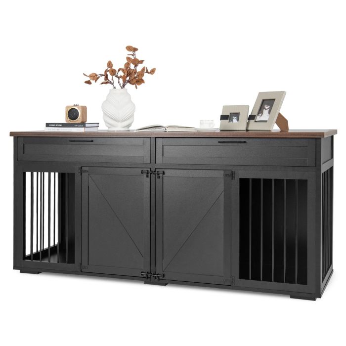 Dog Cage - Double Dog Crate Furniture Breed Wood Dog Kennel with Room Divider-Black
