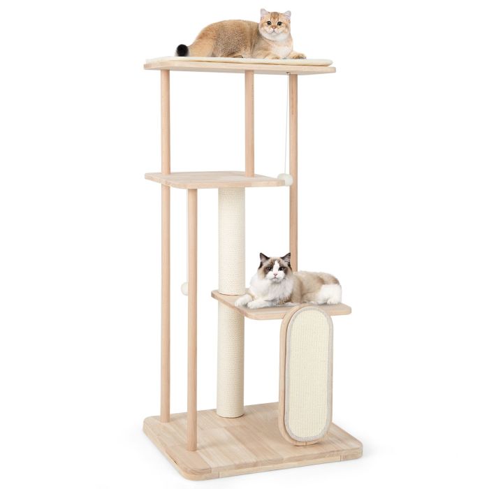 Cat Furniture - 126 cm Tall Solid Wood Cat Tree with Oak Frame and Beech Post for Kittens and Adult Cats