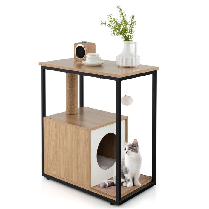 Cat Furniture - Cat Furniture End Table Cat House with Scratching Post-Natural