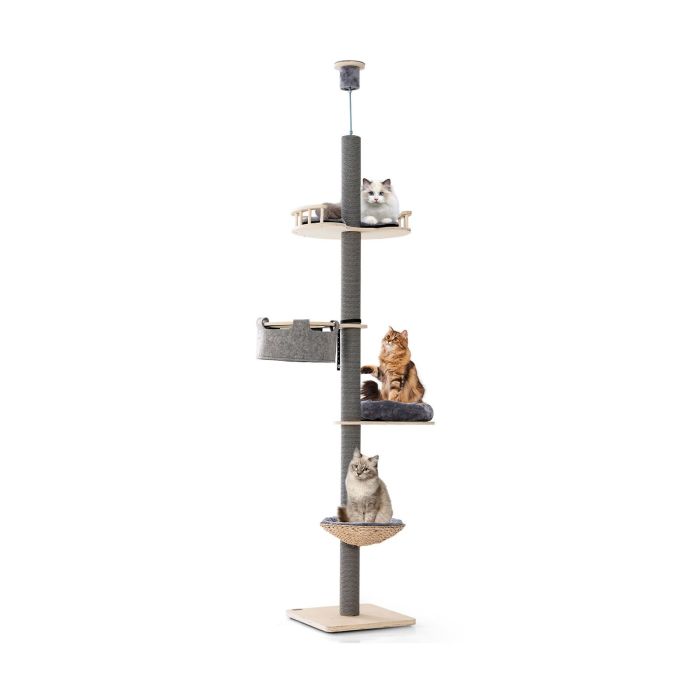 Cat Furniture - 5-Tier Wooden Cat Tower Floor to Ceiling Cat Tree with Adjustable Height-Grey