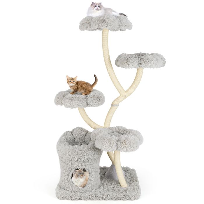 ARCALY Tall Cat Tree with 4 Flower-shaped Platforms and Sisal Scratching Posts-Grey