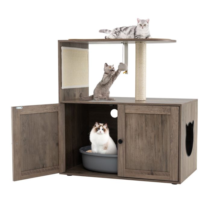 Cat Tree with Litter Box Enclosure 87CM Tall Wooden Cat Tower-Grey