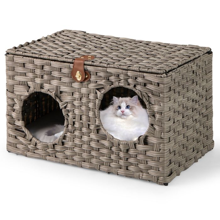 Foldable Cat Bed for Indoor Cats 60 cm x 35 cm x 35 cm Large Rattan Kitten Condo House-Grey