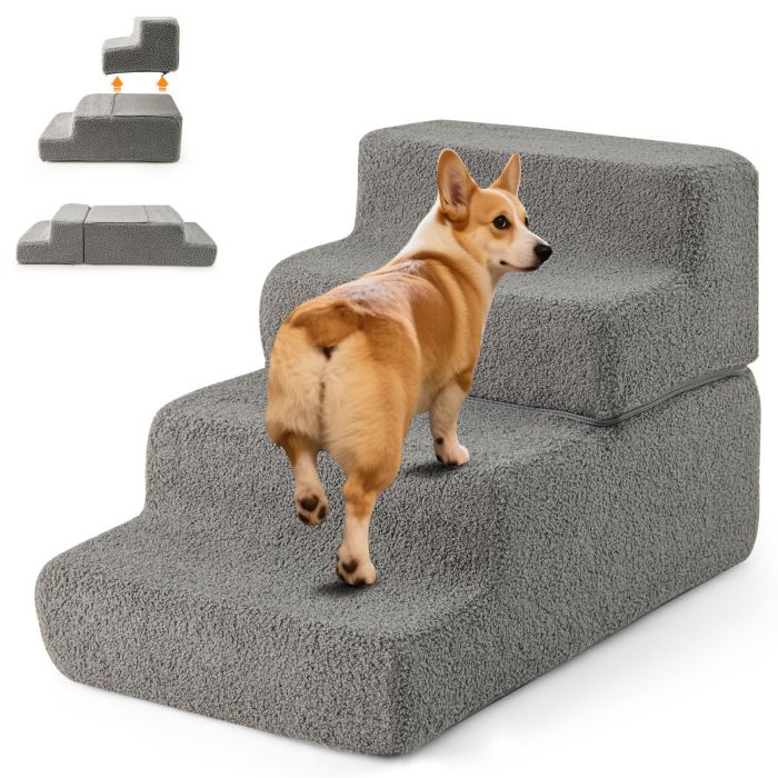 4-step Foam Dog Stairs with Non-slip Bottom and Removable Washable Cover-Grey