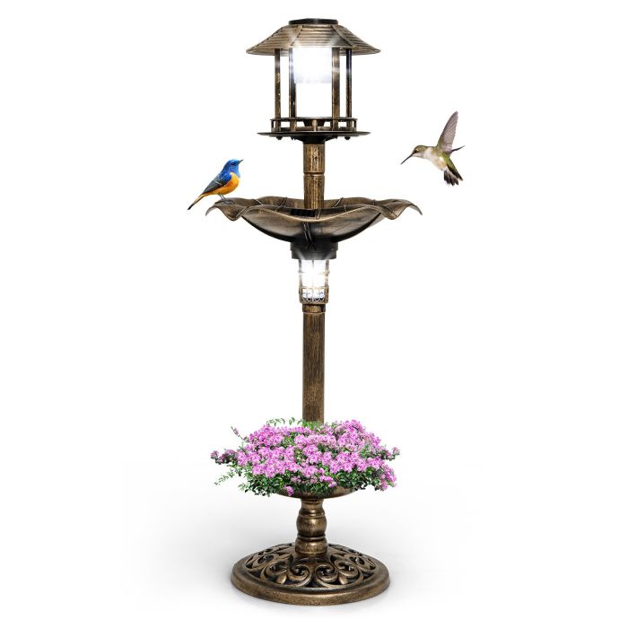Birds Bath - Antique Lighted Birdbath and Feeder Combo with 2 Solar-powered Lamps-Antique