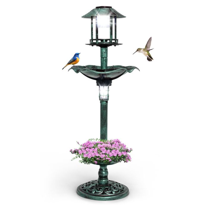 Birds Bath - Antique Lighted Birdbath and Feeder Combo with 2 Solar-powered Lamps-Bronze