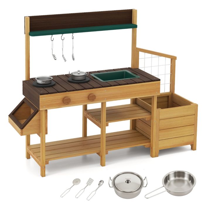TORIN Pretend Mud Kitchen Play Kitchen with Removable Sink and Planter Boxes-Brown