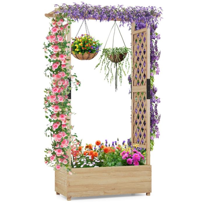 LULUAL Raised Garden Bed Fir Wood Planter Box with 2-Sided Trellis and Hanging Roof-Natural
