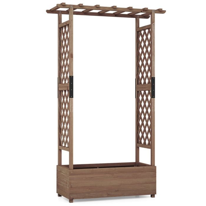 LULUAL Raised Garden Bed Fir Wood Planter Box with 2-Sided Trellis and Hanging Roof-Brown