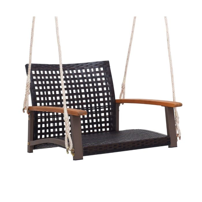 Porch Swing - Rattan Porch Swing with Acacia Wood Armrests