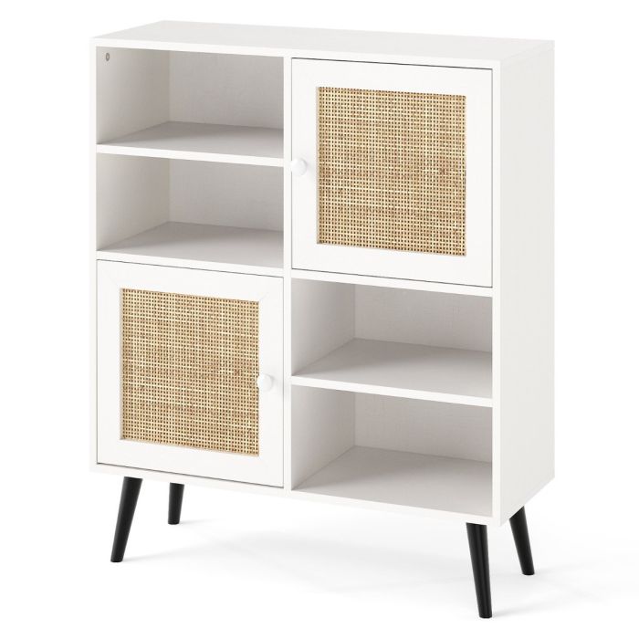 Rattan Sideboard Buffet Cabinet with 4 Cubbies and 2 Rattan-decorated Doors-White