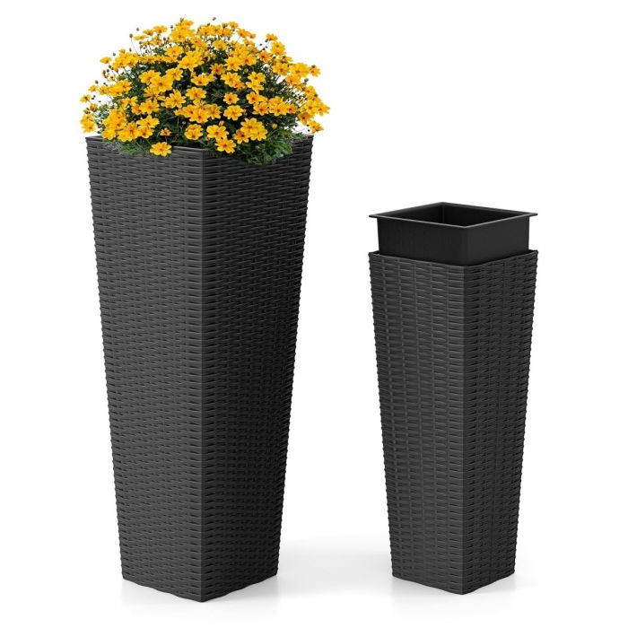 Rattan Tall Planter Set of 2 Outdoor Large Tapered Planters-Black