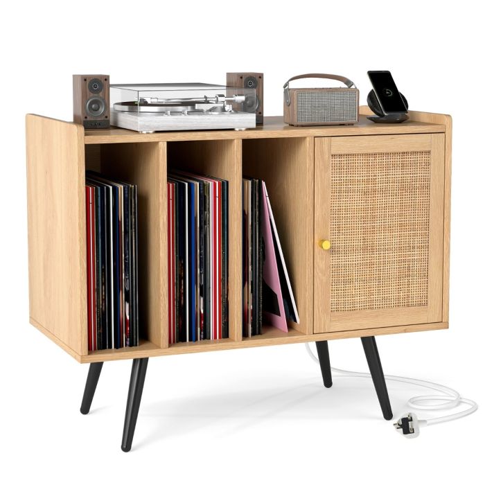 Record Player Stand with Charging Station-Natural