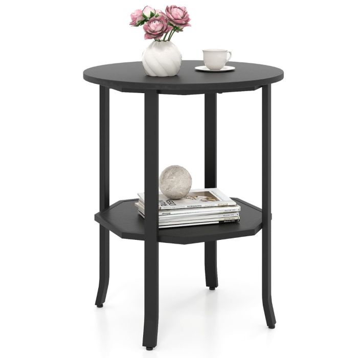 CRAVENOR Round Side 2-Tier End Table with Storage Shelf-Black