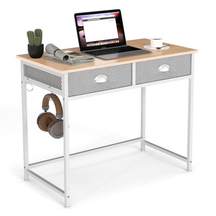 SIIN Space Saving Computer Desk with 2 Fabric Drawers-Natural