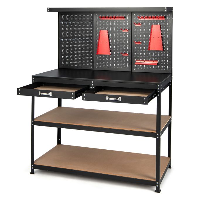 Tool Storage Rack - Multipurpose Garage Worktable with Pegboard and Drawers-Black