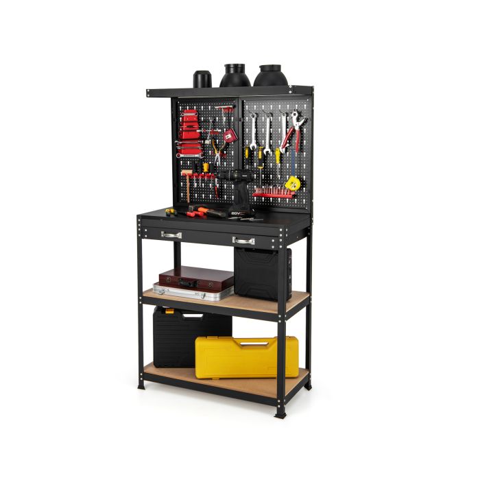 Work Bench - Tool Storage Workbench with Pegboard Shelves and Drawers-Red