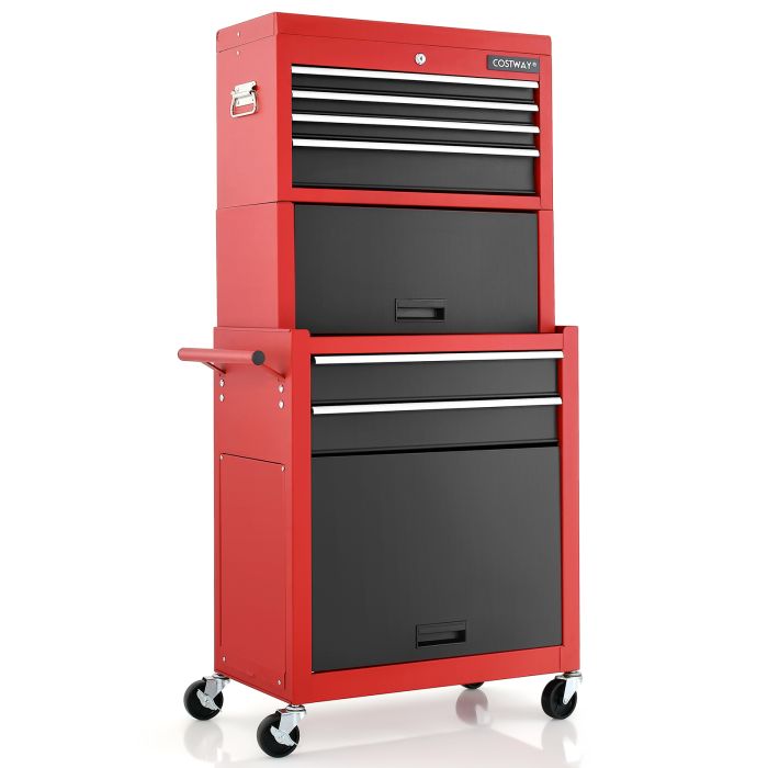 Tool Storage Rack - Lockable Tool Storage Cabinet with Handle, Drawers, Wheels and EVA Liner-Red