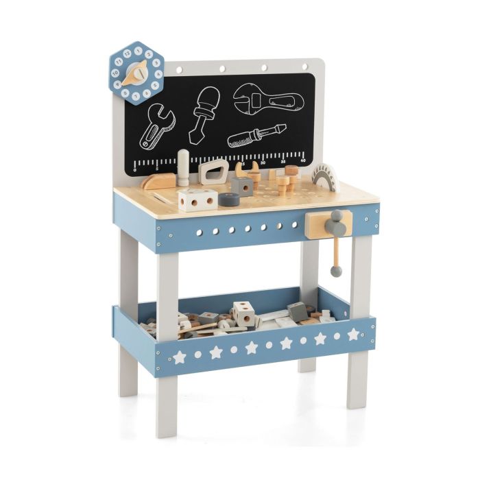 Pretend Toy - Kids Wooden Play Workbench with Blackboard and Tool Parts Set-Blue