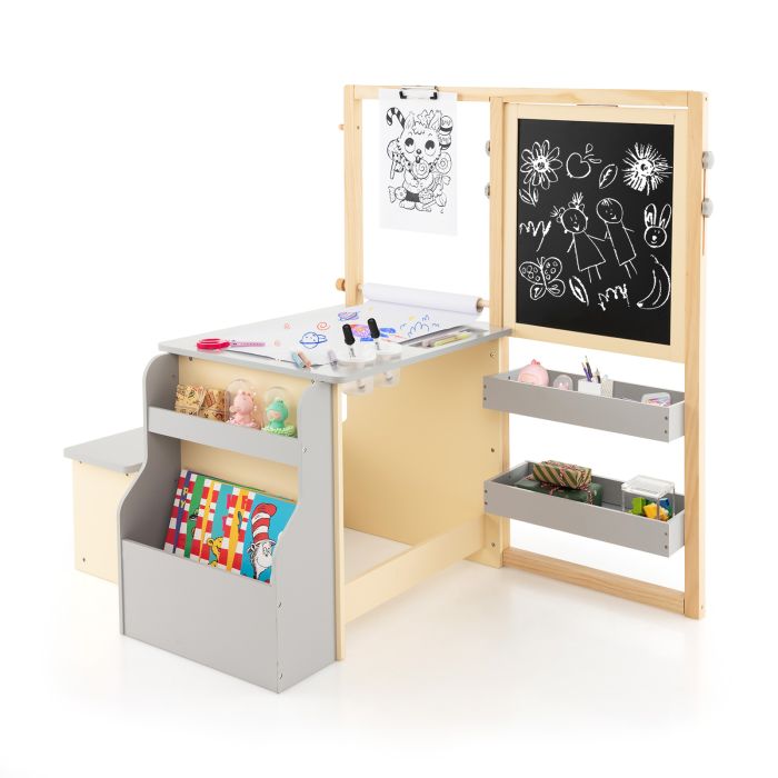 Kids Art Easel Table and Bench Set with Adjustable Easel and Bookshelf-Grey