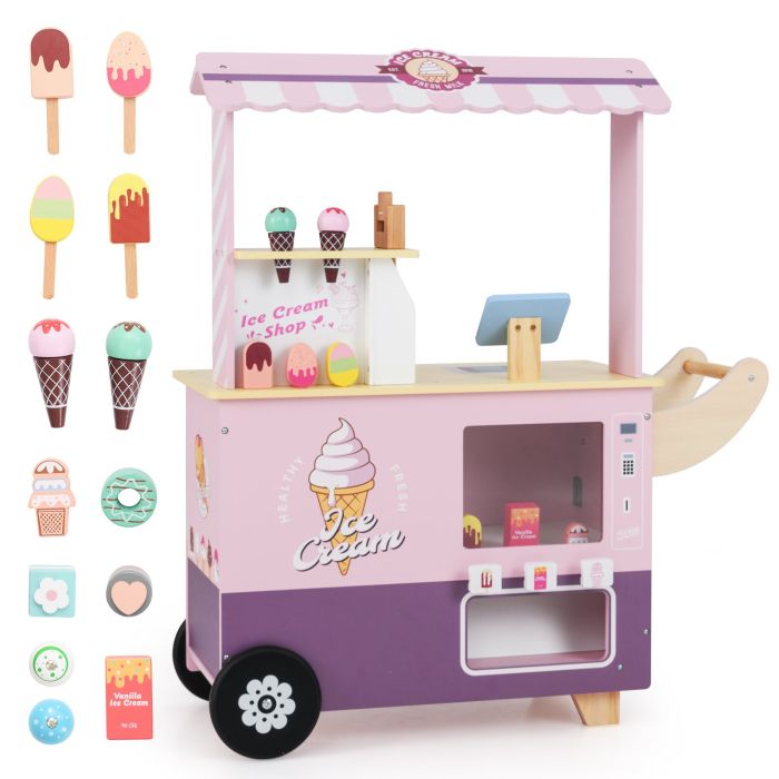 URLYCO Kids Ice Cream Cart Truck Pretend Play Set for Toddlers-Pink
