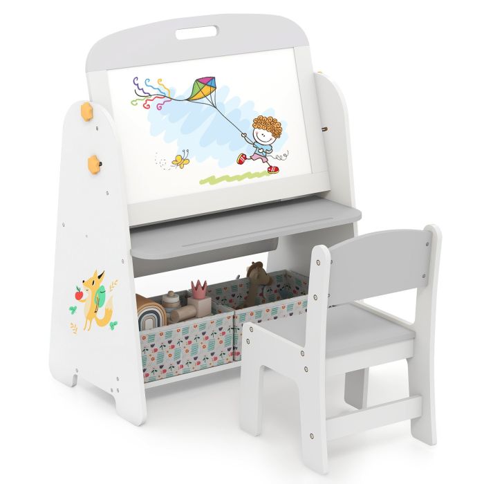 4-in-1 Art Easel and Bookshelf with Magnetic Whiteboard and Blackboard-Grey