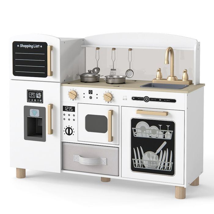 SAVOR Wooden Kids Play Kitchen with Ice Maker and Fabric Drawer-White