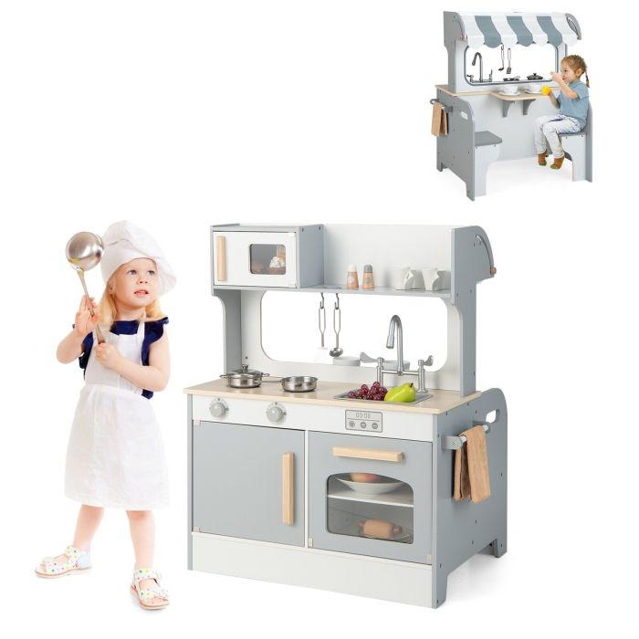 Kids Kitchen Toy - Double Sided Kids Kitchen Playset with Microwave Sink Oven-Grey