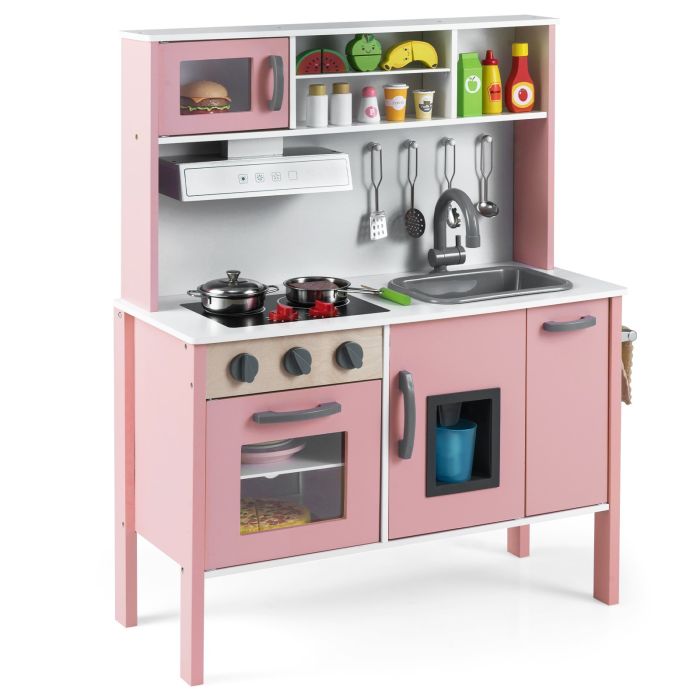 PARNIX Wooden Kids Play Kitchen Set with Microwave Stoves Oven-Light Pink