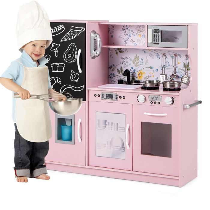 ANON Toddler Pretend Kitchen Playset with Accessories and Simulated Sounds-Cream Pink