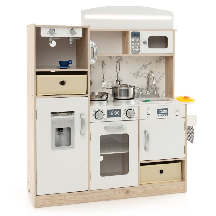 Kids Kitchen Playset with LED Lights and Removable Shelves - White