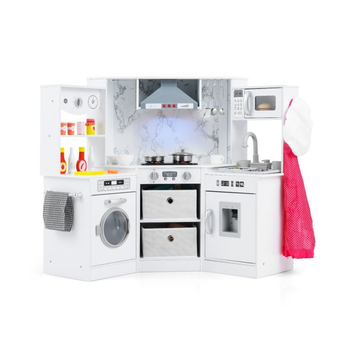 PELLMERE Wooden Kids Play Kitchen Corner with Lights and Water Circulation System-White
