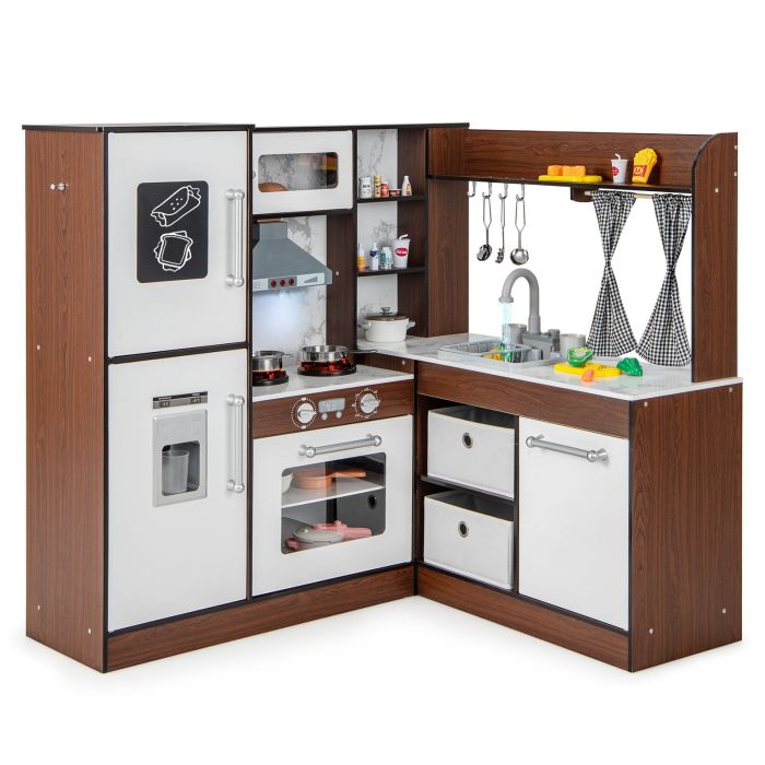Kids Kitchen Toy - Kids Wooden Corner Play Kitchen with Lighted Range Hood and Stoves-Brown