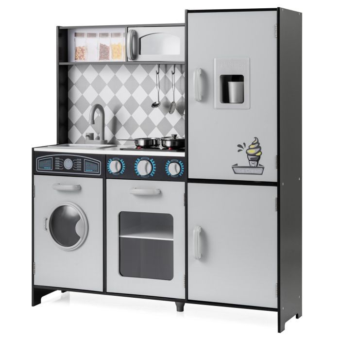 PELWICK Pretend Play Kitchen with Ice Maker and Cooking Stove for Kids-Grey