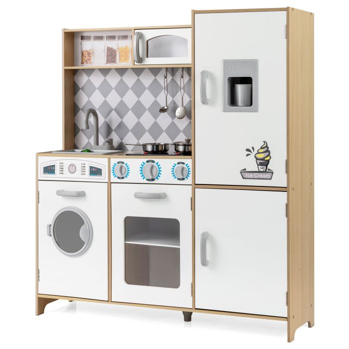 PELWICK Pretend Play Kitchen with Ice Maker and Cooking Stove for Kids-Natural