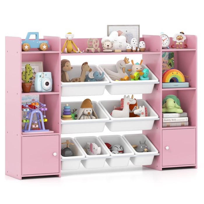 RALVEN 142 cm Large Toy Storage Organizer with 8 Removable Bins and Bookshelf-Pink