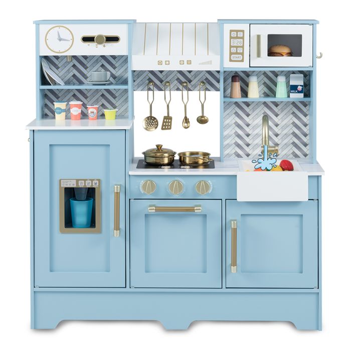 UELIX Toy Kitchen Playset with Coffee Station and Range Hood for Kids-Blue