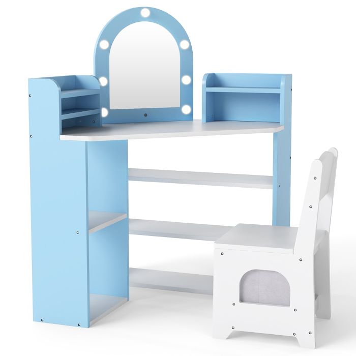 Vanity Table & Chair Set with Storage-Blue & White