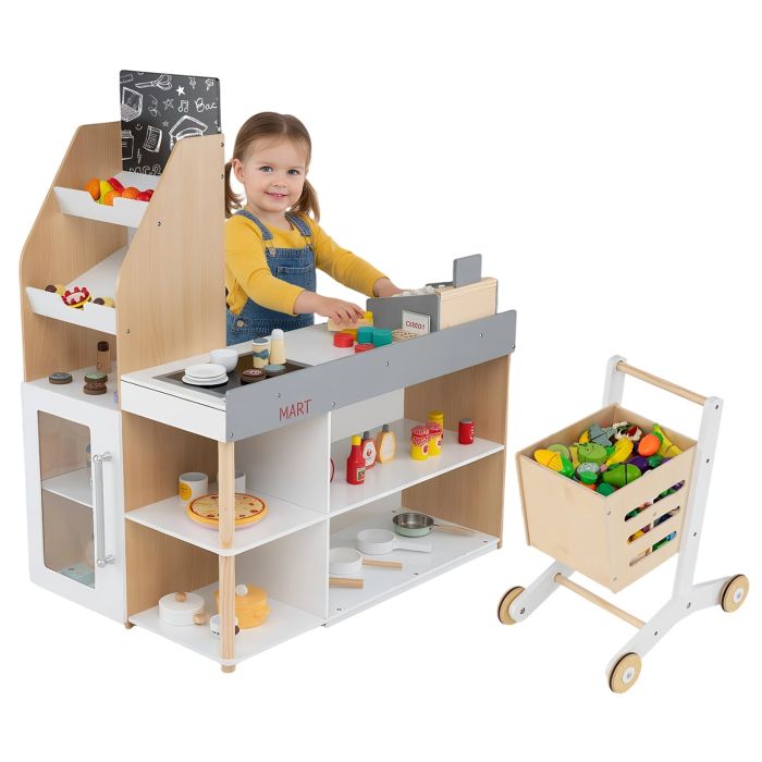 Kids Wooden Grocery Store Playset with Cart-Natural