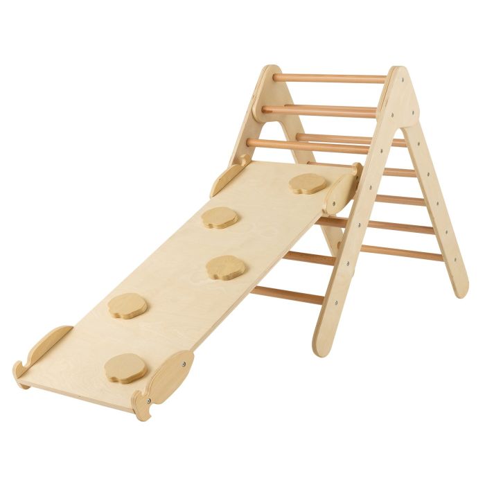 NOEL Wooden Triangle Climbing Ladder Set with 2-in-1 Reversible Ramp-Natural