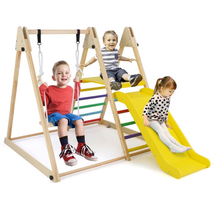 ZODAZO 3-in-1 Foldable Indoor Jungle Gym Wooden Climbing Toys with Swing-Multicolor