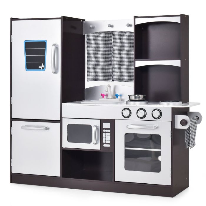 Kids Kitchen Toy - Kids Wooden Play Kitchen Set with Refrigerator Blackboard Sink Oven