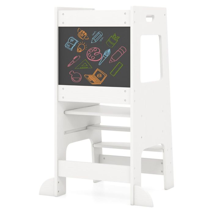 DALVIX Toddler Kitchen Step Stool with Activity Chalkboard and Adjustable Height-White