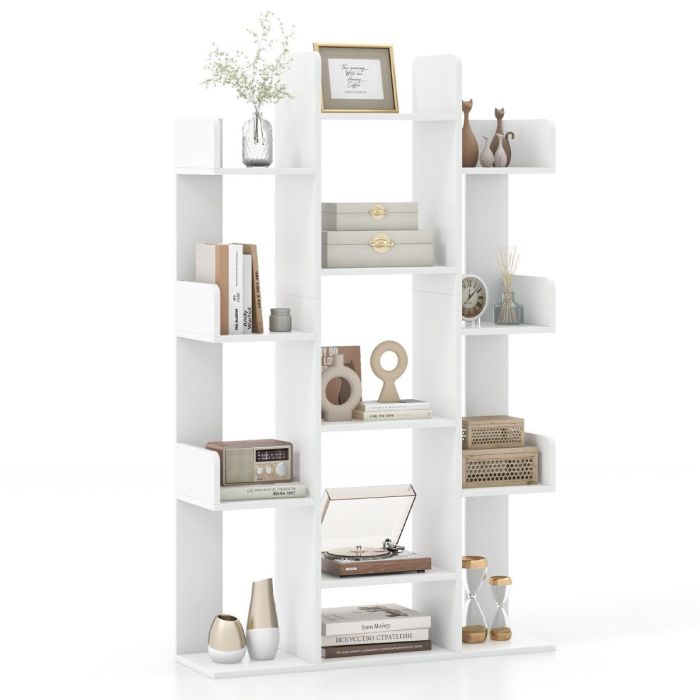 Tree Bookshelf Corner Books Storage Organizer with 13 Open Shelves-White