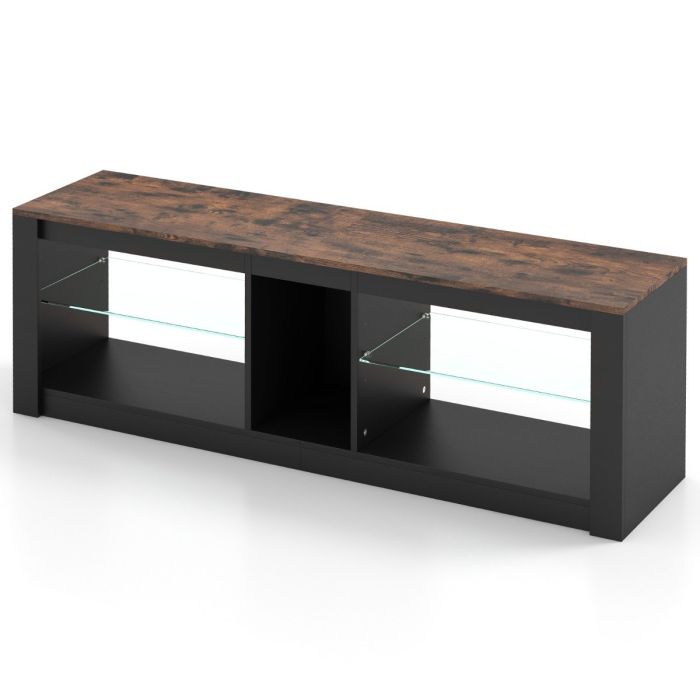 TV Stand - TV Stand with LED Light for TVs up to 65 Inch with Adjustable Tempered Glass Shelves-Rustic Brown