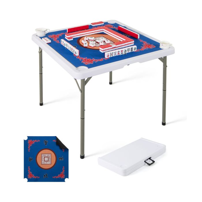 ULRILU Folding Mahjong Table with Cup Holders and Removable Game Mat-Blue